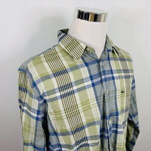 Lacoste XL (45) Casual Button Front Shirt Green Blue Plaid Cotton Long Sleeve
